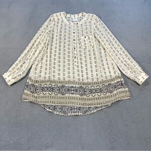 Knox Rose Women's Sheer Ivory Batik Patterned tunic blouse, long sleeves, size M